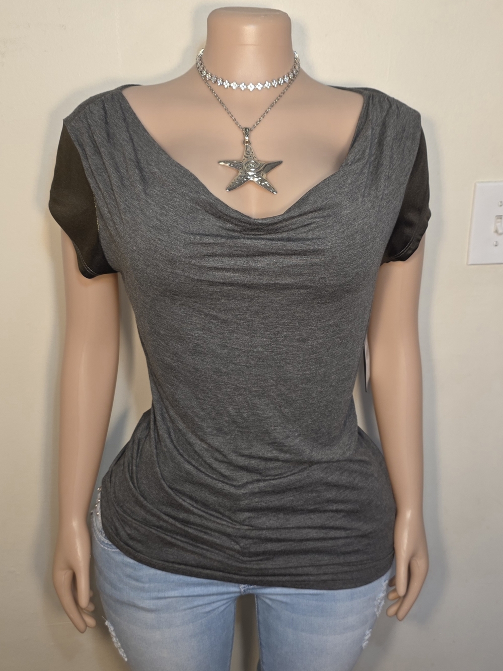 Guess Womens Gray Top with Gold Sleeve Accents